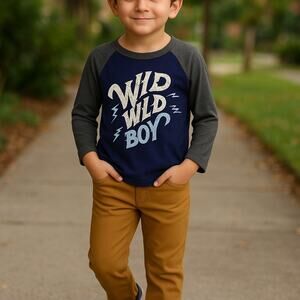 High Five Crew Boys Shirt Size 5 Blue Gray Wild Boy Baseball Raglan Sleeve Tee